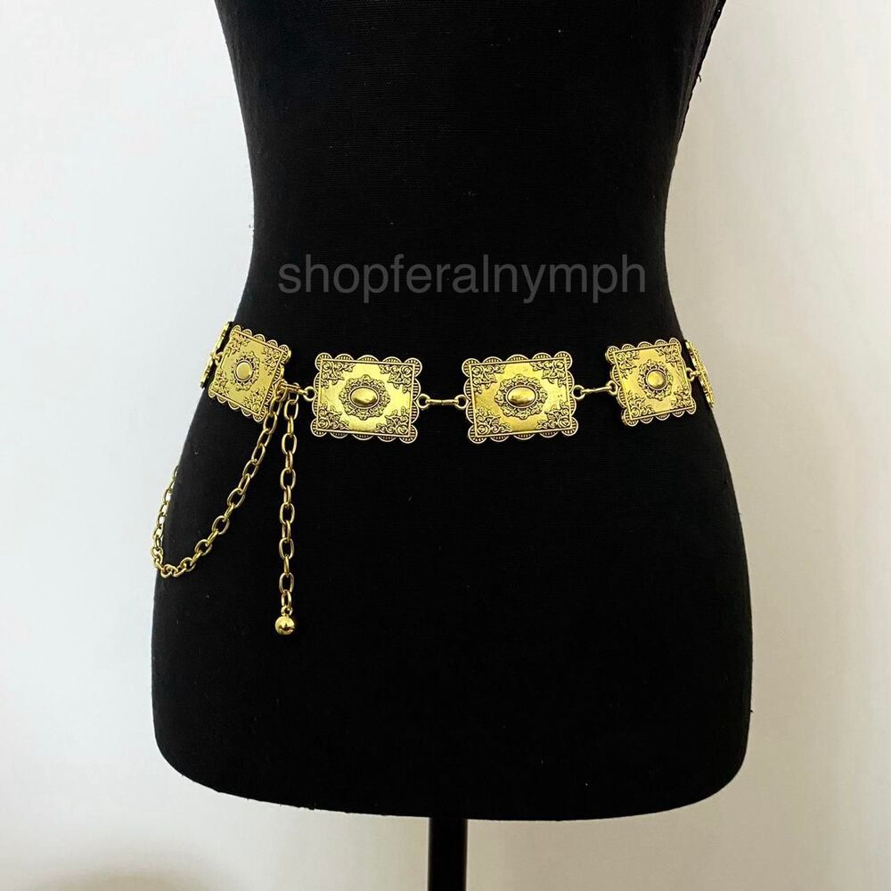 Gold Y2K Textured Rectangular Boho Chain Belt, Fits 23.5-43.5 Inches, X7GA1252